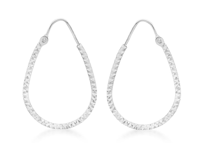 9ct White Gold Diamond Cut Teardrop Hoop Earrings