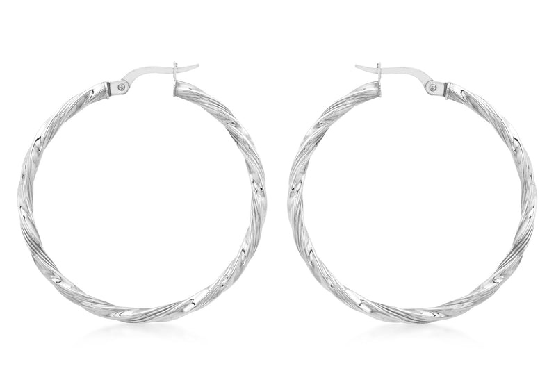 9ct White Gold 37mm Twist Round Creole Earrings