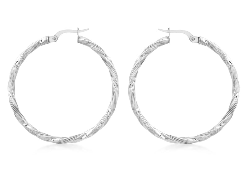 9ct White Gold 37mm Twist Round Creole Earrings