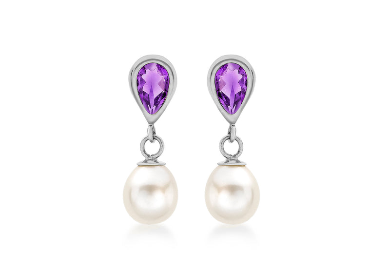 9ct White Gold Amethyst and Fresh Water Pearl Drop Earrings