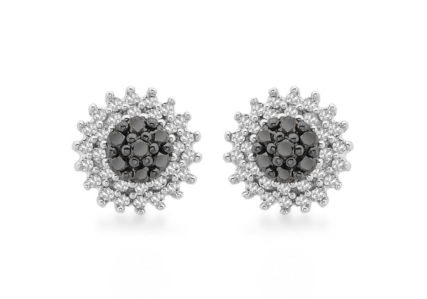 9ct White Gold 0.50ct Black and White Diamond Cluster Stud Earrings