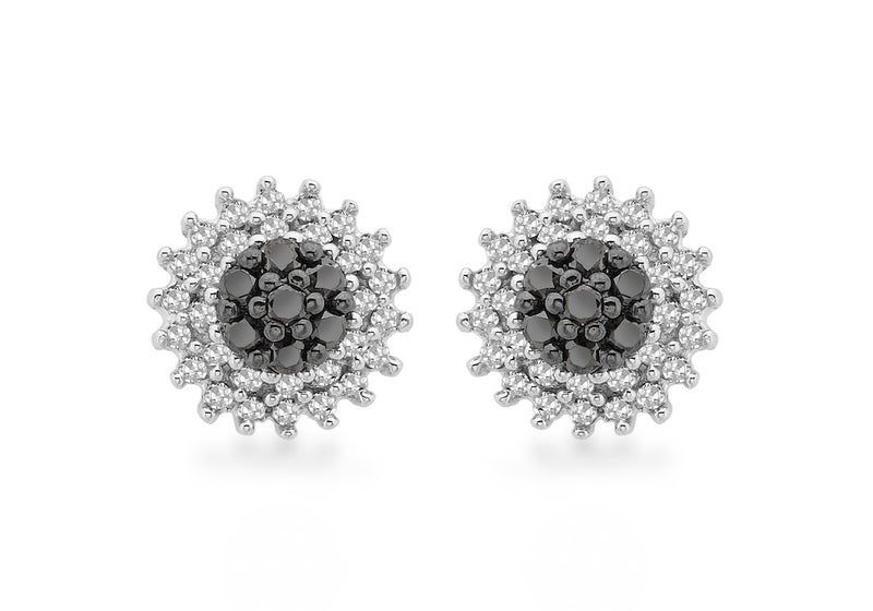 9ct White Gold 0.50ct Black and White Diamond Cluster Stud Earrings