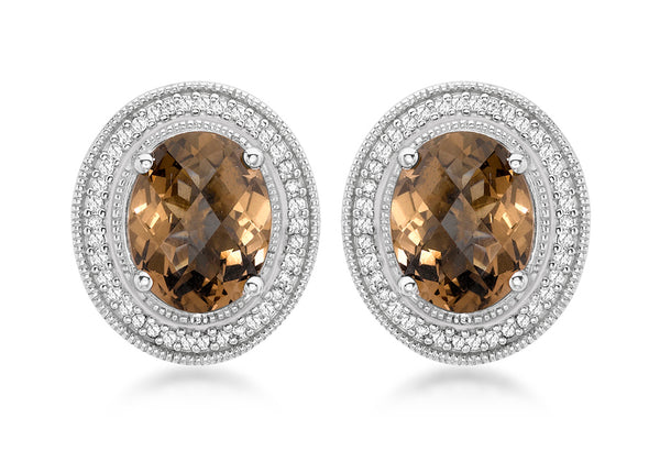 9ct White Gold 0.20t Diamond and Oval Smokey Quartz Stud Earrings