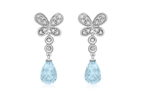 9ct White Gold 0.18ct Diamond Butterfly Blue Topaz Teardrop Earrings