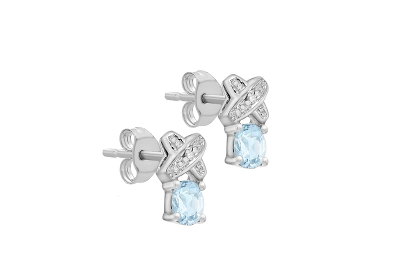 9ct White Gold 0.01ct Diamond and Aquamarine Kiss Stud Earrings