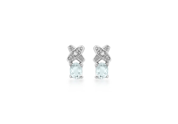9ct White Gold 0.01ct Diamond and Aquamarine Kiss Stud Earrings