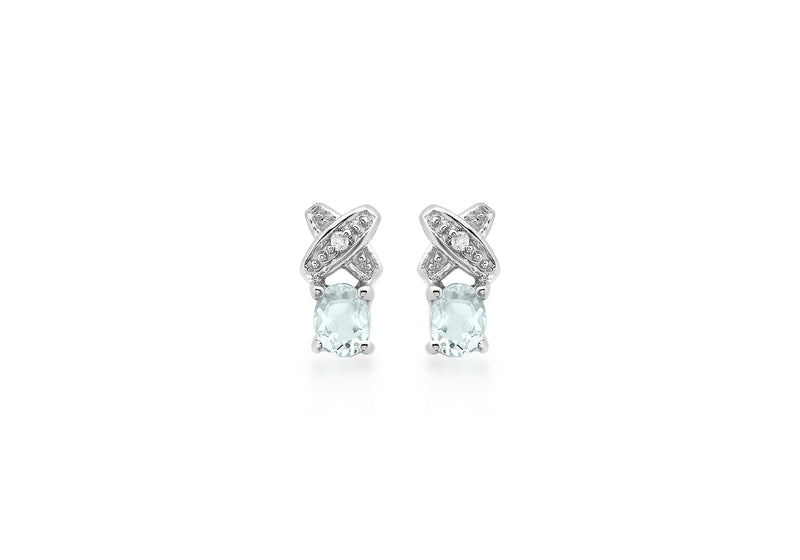 9ct White Gold 0.01ct Diamond and Aquamarine Kiss Stud Earrings