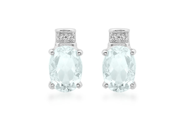 9ct White Gold 0.02t Diamond and Oval Aquamarine Stud Earrings