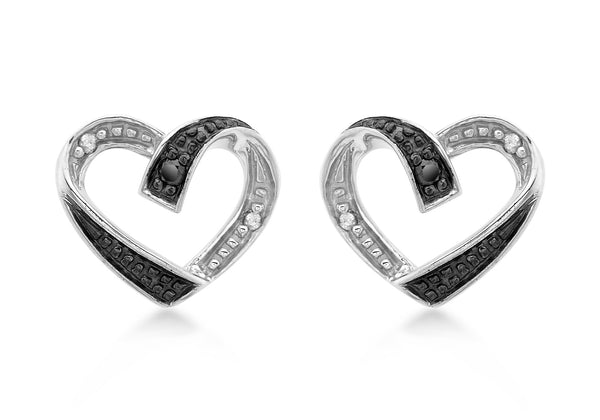 9ct White Gold 0.05t Black and White Diamond Heart Stud Earrings