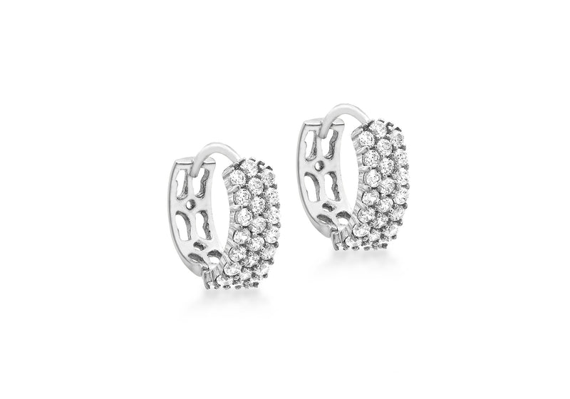 9ct White Gold Zirconia  3-Row Pave Set 12mm Huggy Earrings