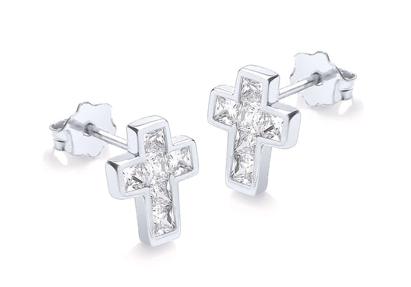 9ct White Gold Zirconia  Cross Stud Earrings