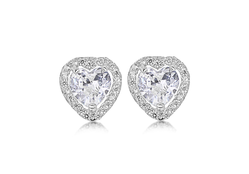 9ct White Gold Heart Zirconia  and Pave Set 9mm x 9mm Stud Earrings