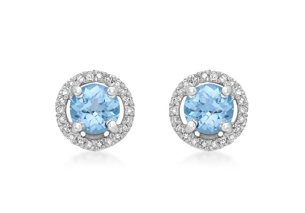 9ct White Gold 0.13t Diamond and Blue Topaz 8mm Round Stud Earrings