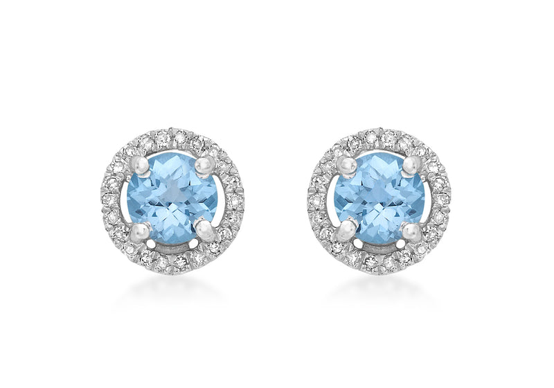 9ct White Gold 0.13t Diamond and Blue Topaz 8mm Round Stud Earrings