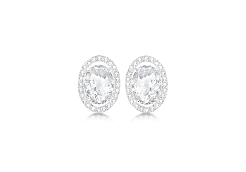 9ct White Gold Oval Zirconia  and Pave Set 9mm x 12mm Stud Earrings