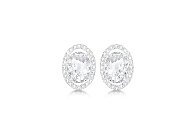 9ct White Gold Oval Zirconia  and Pave Set 9mm x 12mm Stud Earrings