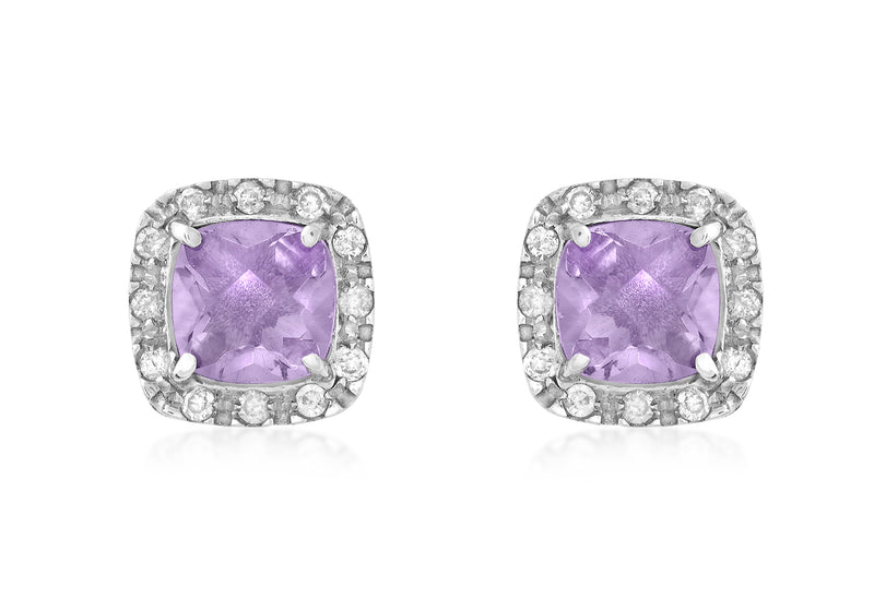 9ct White Gold 0.10ct Diamond and ushion Cut Amethyst 8mm x 8mm Stud Earrings