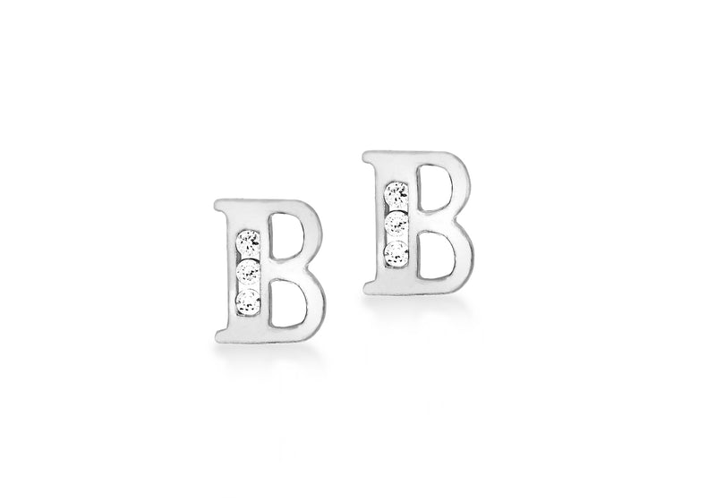 9ct White Gold Zirconia  5mm x 7mm 'B' Initial Stud Earrings