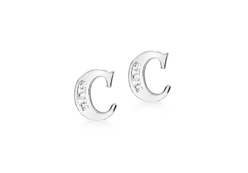 9ct White Gold Zirconia  6mm x 7mm '' Initial Stud Earrings