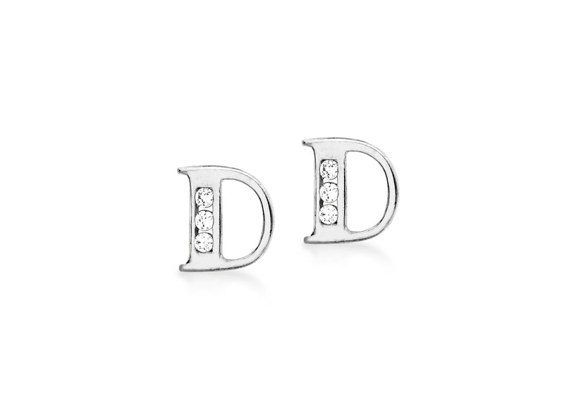 9ct White Gold Zirconia  6mm x 6mm 'D' Initial Stud Earrings