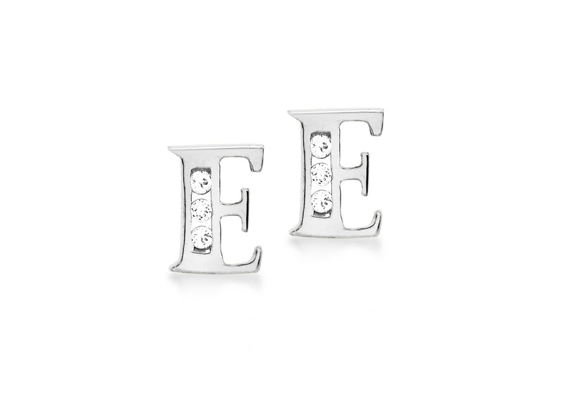 9ct White Gold Zirconia  5mm x 7mm 'E' Initial Stud Earrings