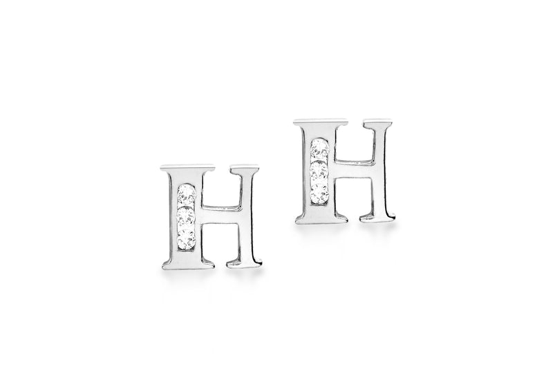 9ct White Gold Zirconia  6mm x 6mm 'H' Initial Stud Earrings