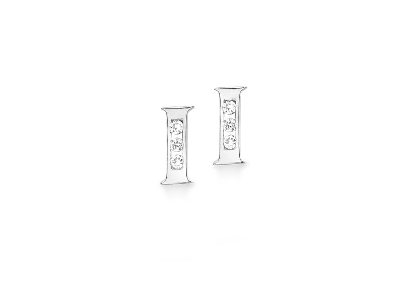 9ct White Gold Zirconia  3mm x 6mm 'I' Initial Stud Earrings