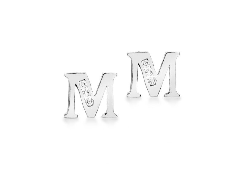 9ct White Gold Zirconia  8mm x 7mm 'M' Initial Stud Earrings