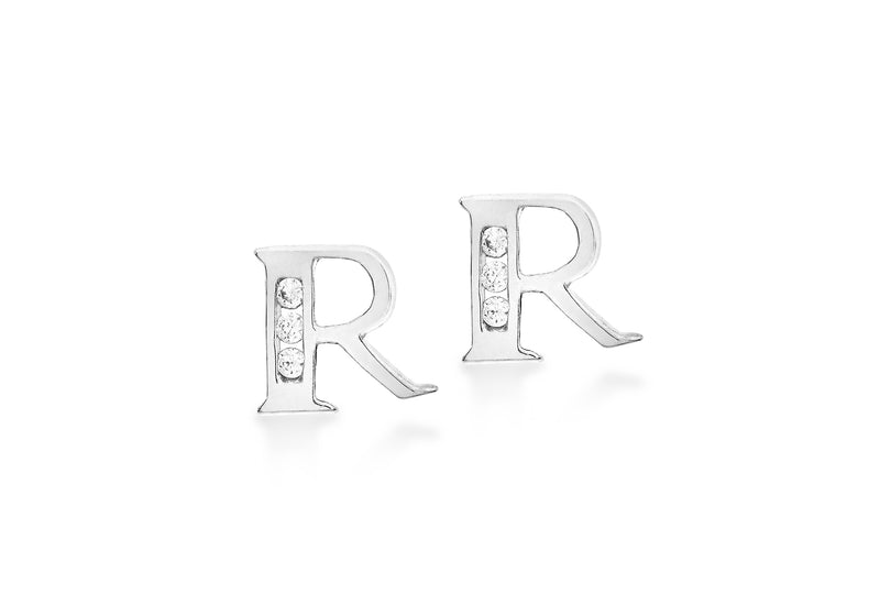 9ct White Gold Zirconia  7mm x 7mm 'R' Initial Stud Earrings