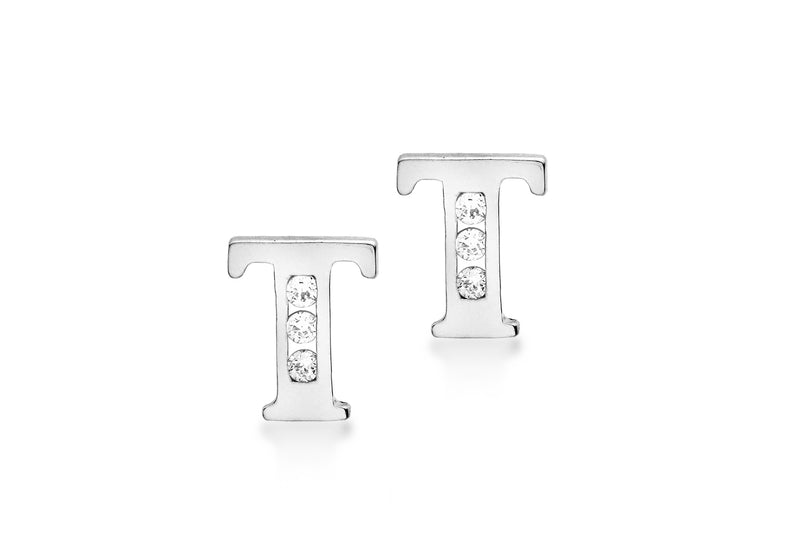 9ct White Gold Zirconia  5mm x 7mm 'T' Initial Stud Earrings