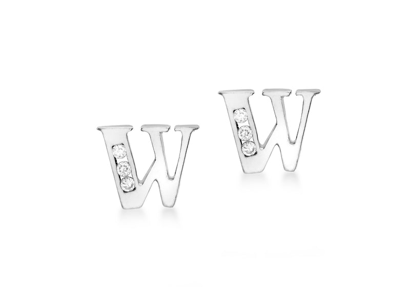 9ct White Gold Zirconia  8mm x 7mm 'W' Initial Stud Earrings