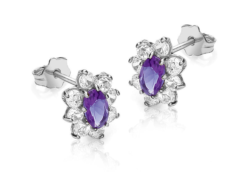 9ct White Gold Purple and White Zirconia  Marquise Cluster Stud Earrings