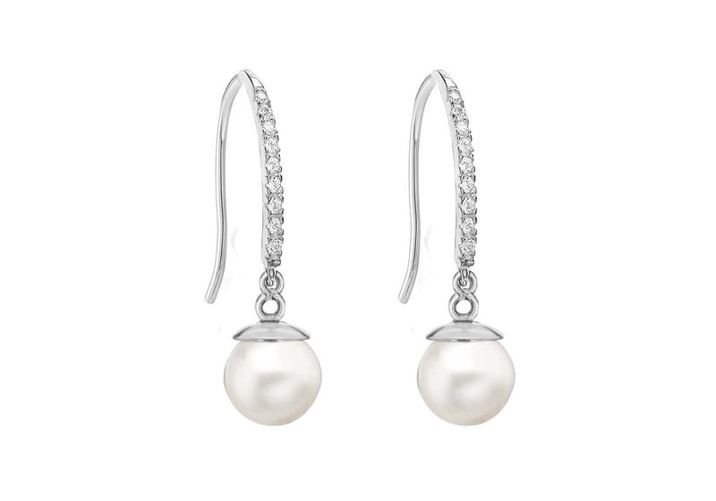 9ct White Gold Zirconia  and Pearl Drop Earrings