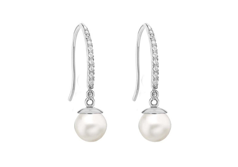 9ct White Gold Zirconia  and Pearl Drop Earrings