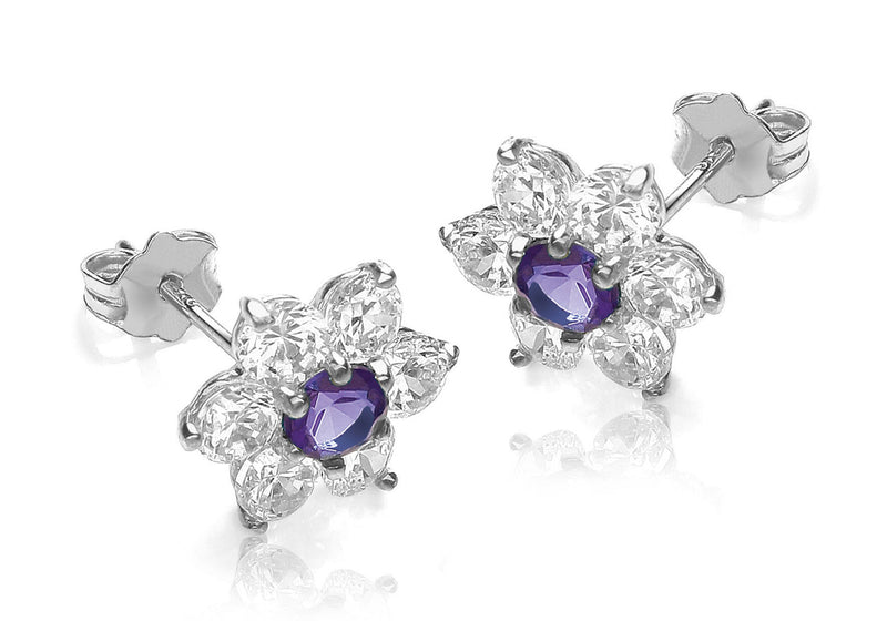 9ct White Gold Purple and White Zirconia  Flower Cluster Stud Earrings