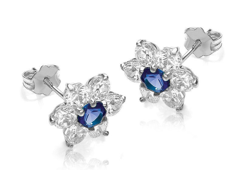 9ct White Gold Blue and White Zirconia  10mm x 10mm Flower Cluster Stud Earrings