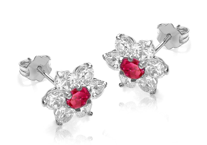 9ct White Gold Red and White Zirconia  Flower Cluster Stud Earrings