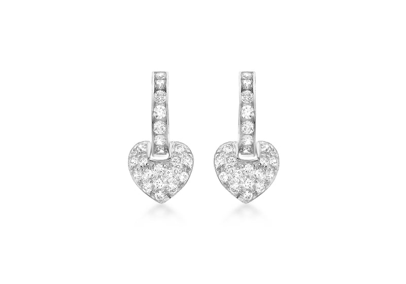 9ct White Gold Zirconia  Hoop with Pave Heart Drop Earrings