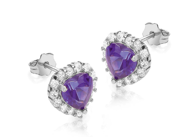 9ct White Gold Purple and White Zirconia  Heart Cluster Stud Earrings