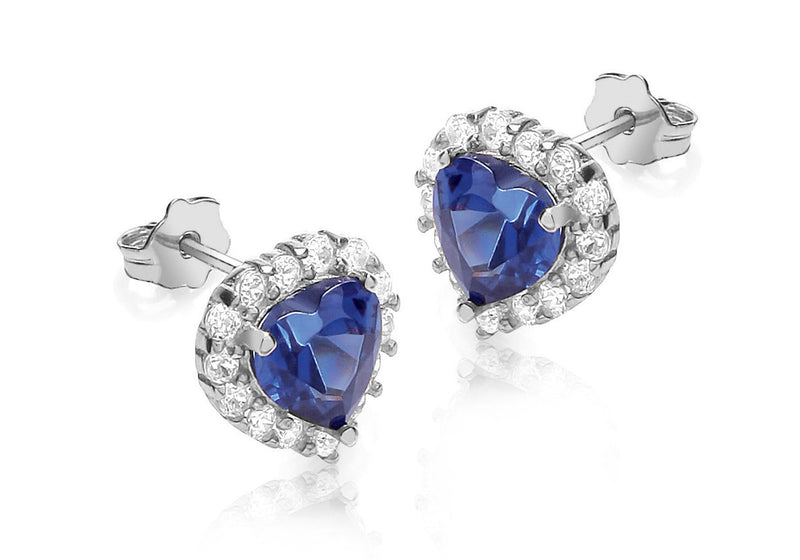 9ct White Gold Blue and White Zirconia  9mm x 9mm Heart Cluster Stud Earrings