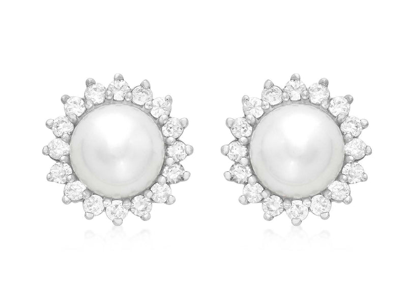 9ct White Gold 12mm Pearl and Zirconia  Cluster Stud Earrings