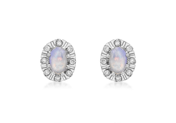 9ct White Gold 0.16t Diamond and Opal Cluster Stud Earrings