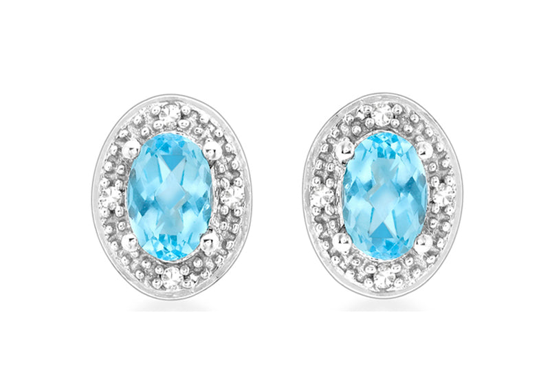 9ct White Gold 0.05t Diamond and Oval Blue Topaz Stud Earrings