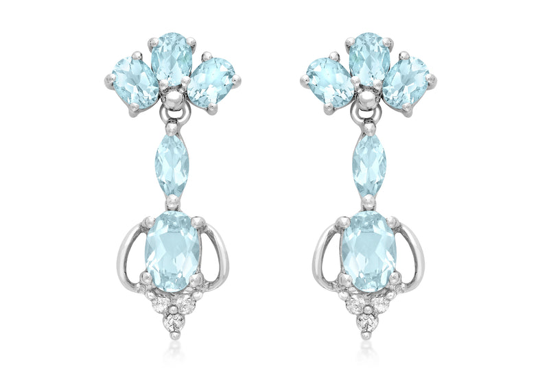 9ct White Gold 0.09ct Diamond and Blue Topaz Ornate Drop Earrings