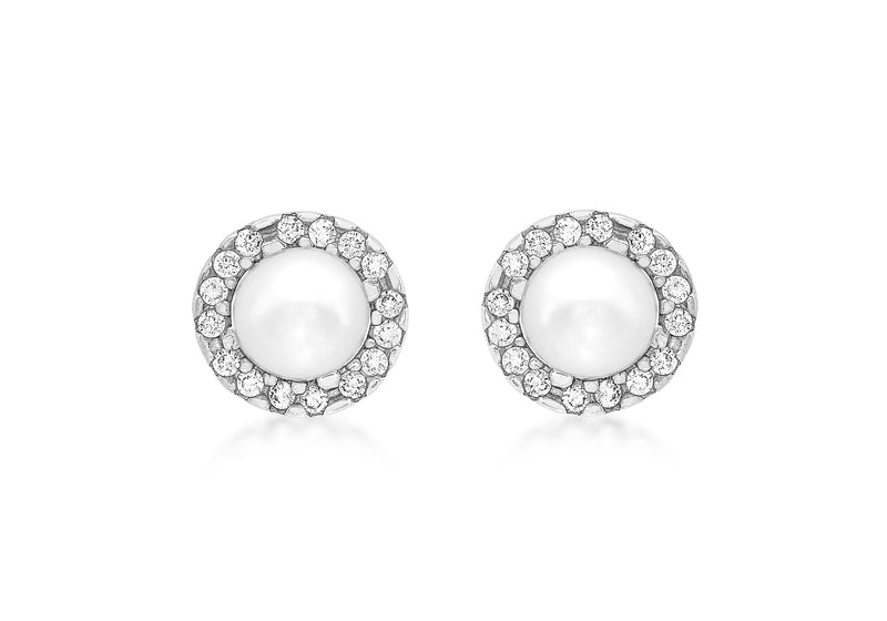 9ct White Gold 8mm Zirconia  and Pearl Stud Earrings