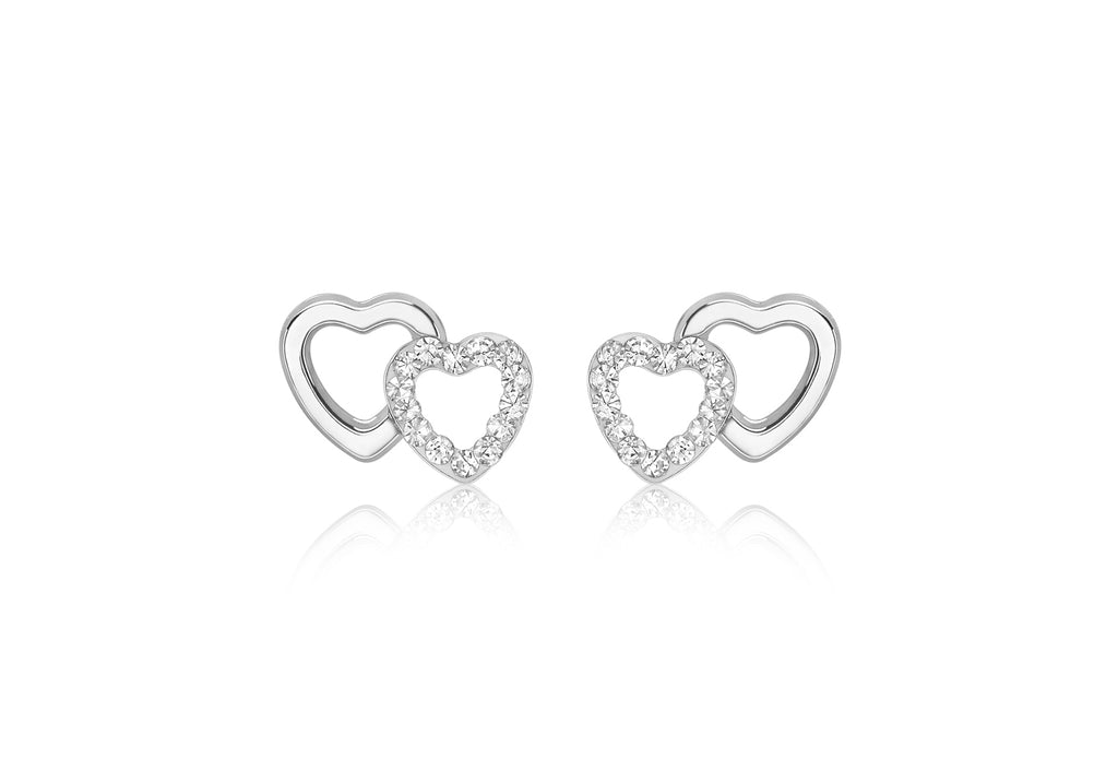 9ct White Gold Zirconia  10.5mm x 7.7mm Double-Heart Stud Earrings