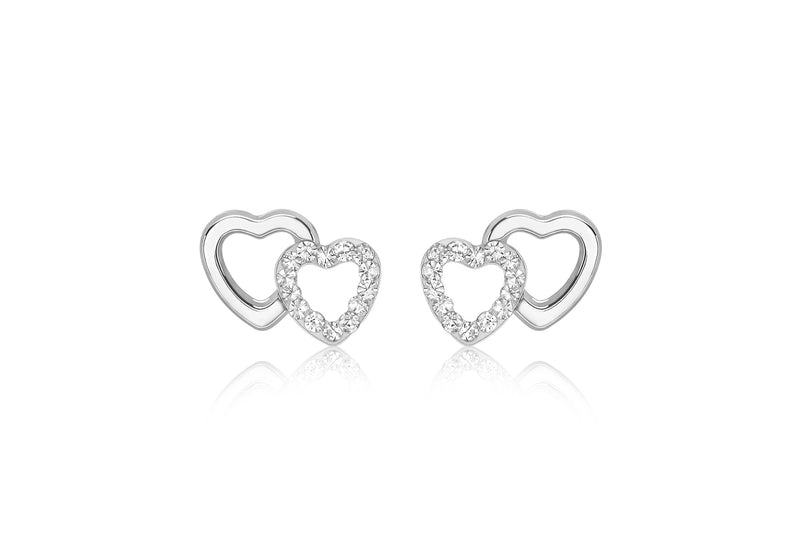 9ct White Gold Zirconia  10.5mm x 7.7mm Double-Heart Stud Earrings