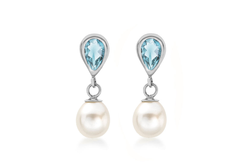 9ct White Gold Blue Topaz and Fresh Water Pearl Drop Earrings