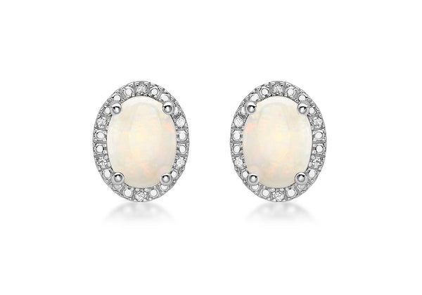 9ct White Gold 0.06t Diamond and Opal Cluster Stud Earrings