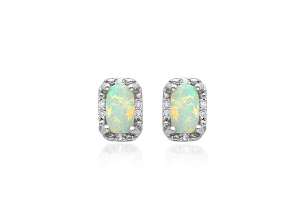 9ct White Gold 0.04ct Diamond and Opal Halo Stud Earrings